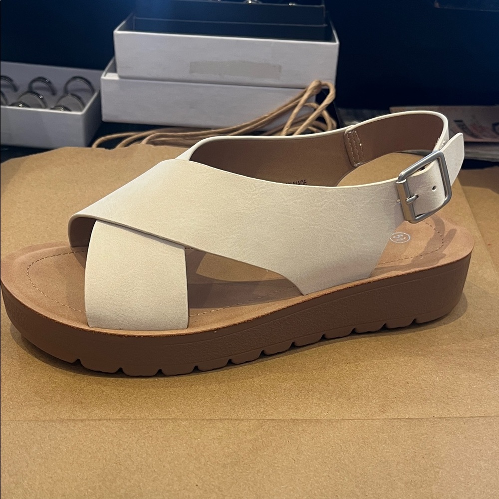 Women's Cream Sandals with Brown Sole
